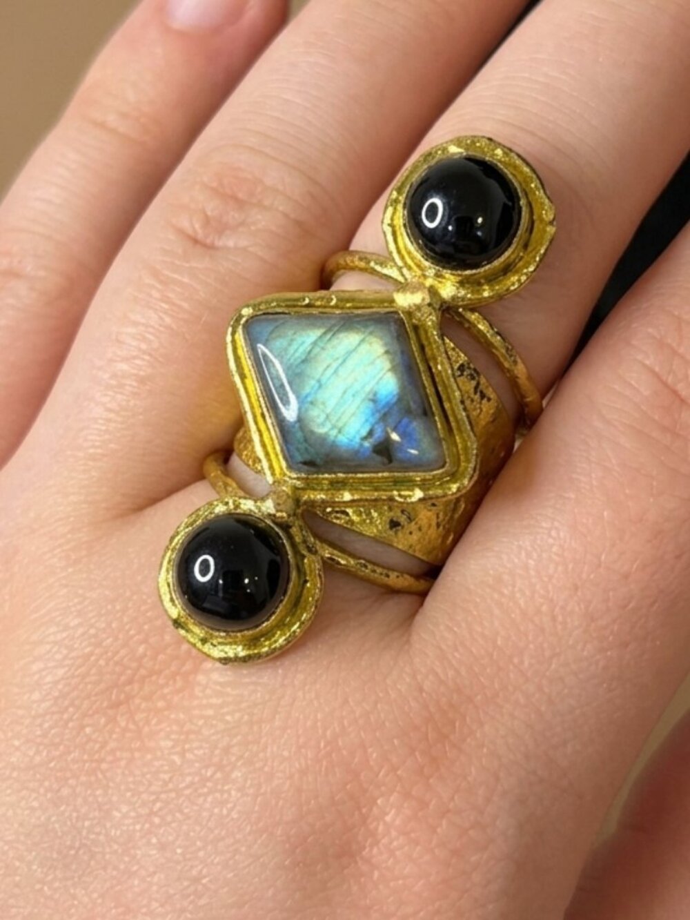 Gold Plated Labradorite Ring Black Stone Accents Statement Gemstone Ring